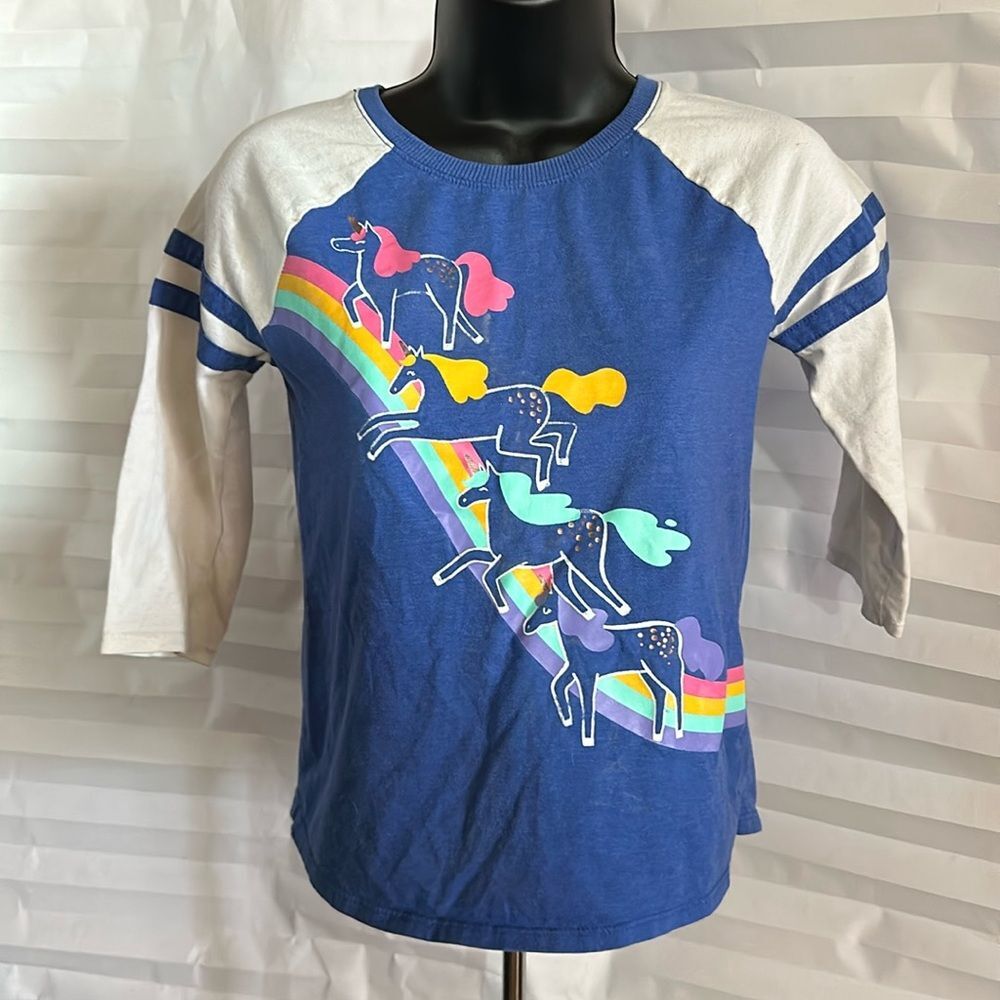 Cat & Jack Girl's 3/4 Sleeve T-Shirt Blue and White Horse Graphic Size L